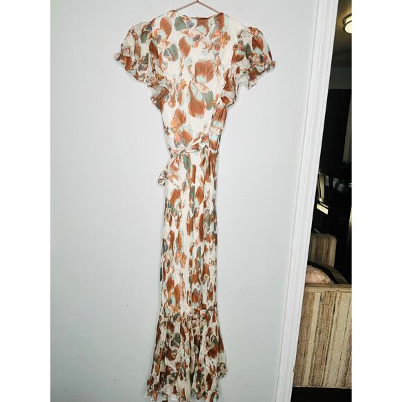 TANYA TAYLOR Floral Brown White Wrap Ruffle Sleeves Floral Blaire Dress Size 4 - Picture 6 of 13